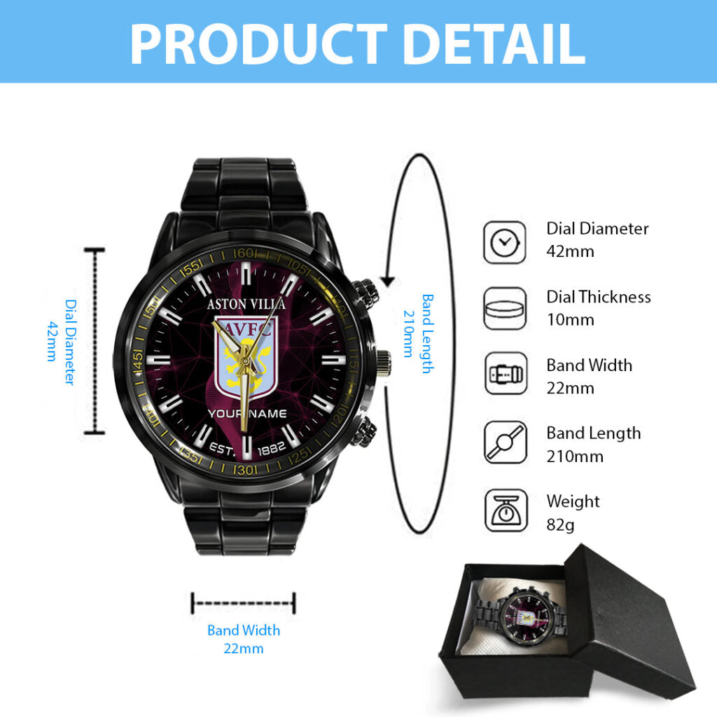 Personalized Aston Villa FC Black Stainless Steel Watch - TANTN23560