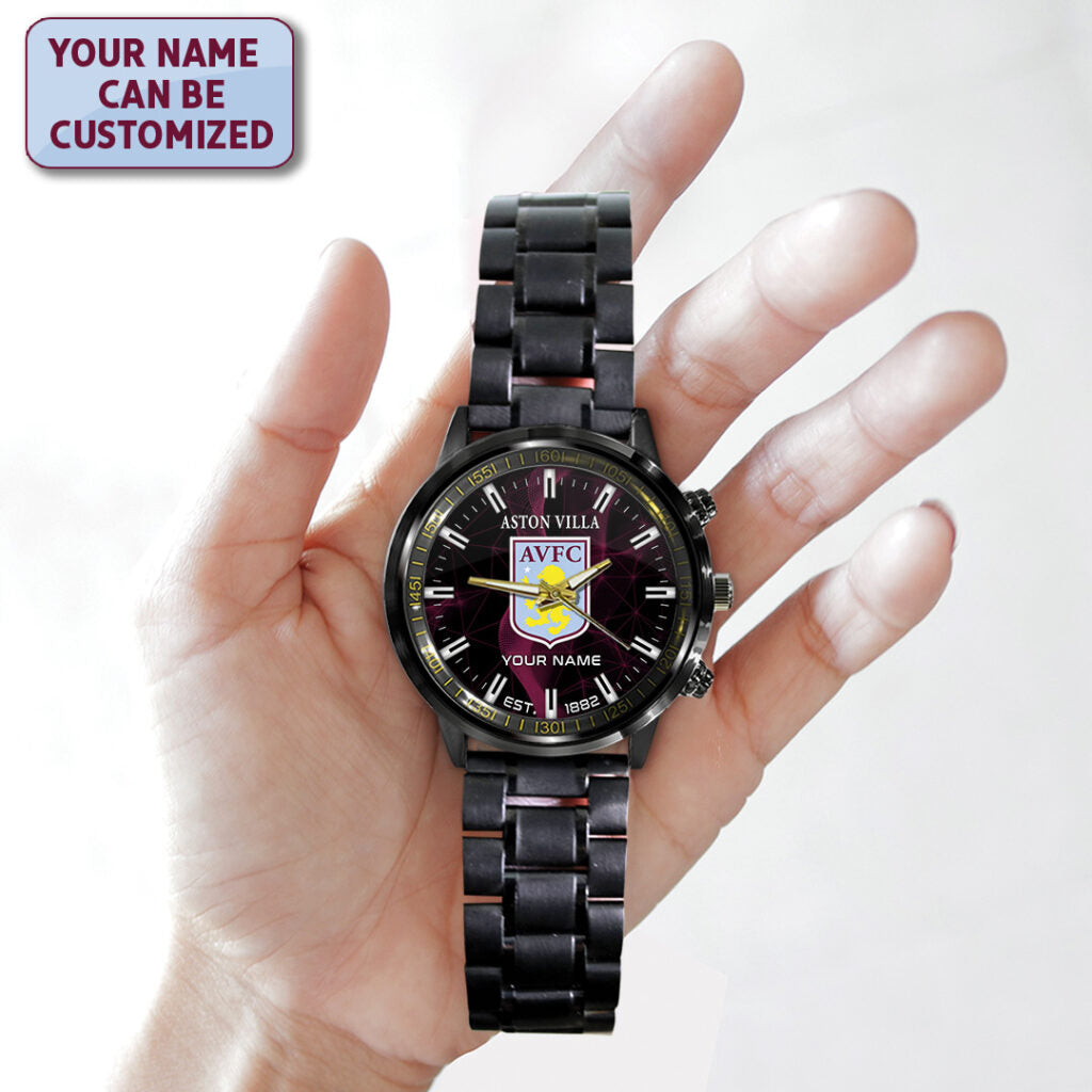 Personalized Aston Villa FC Black Stainless Steel Watch - TANTN23560