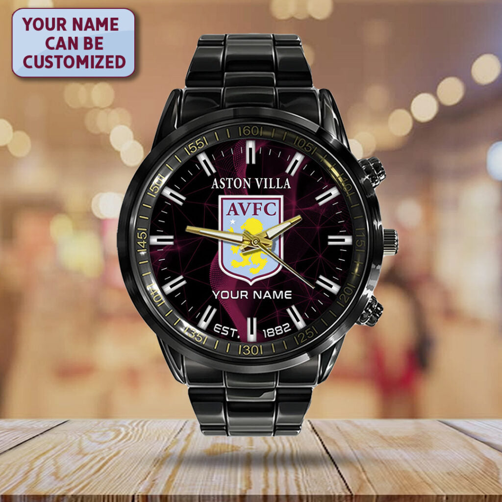 Personalized Aston Villa FC Black Stainless Steel Watch - TANTN23560