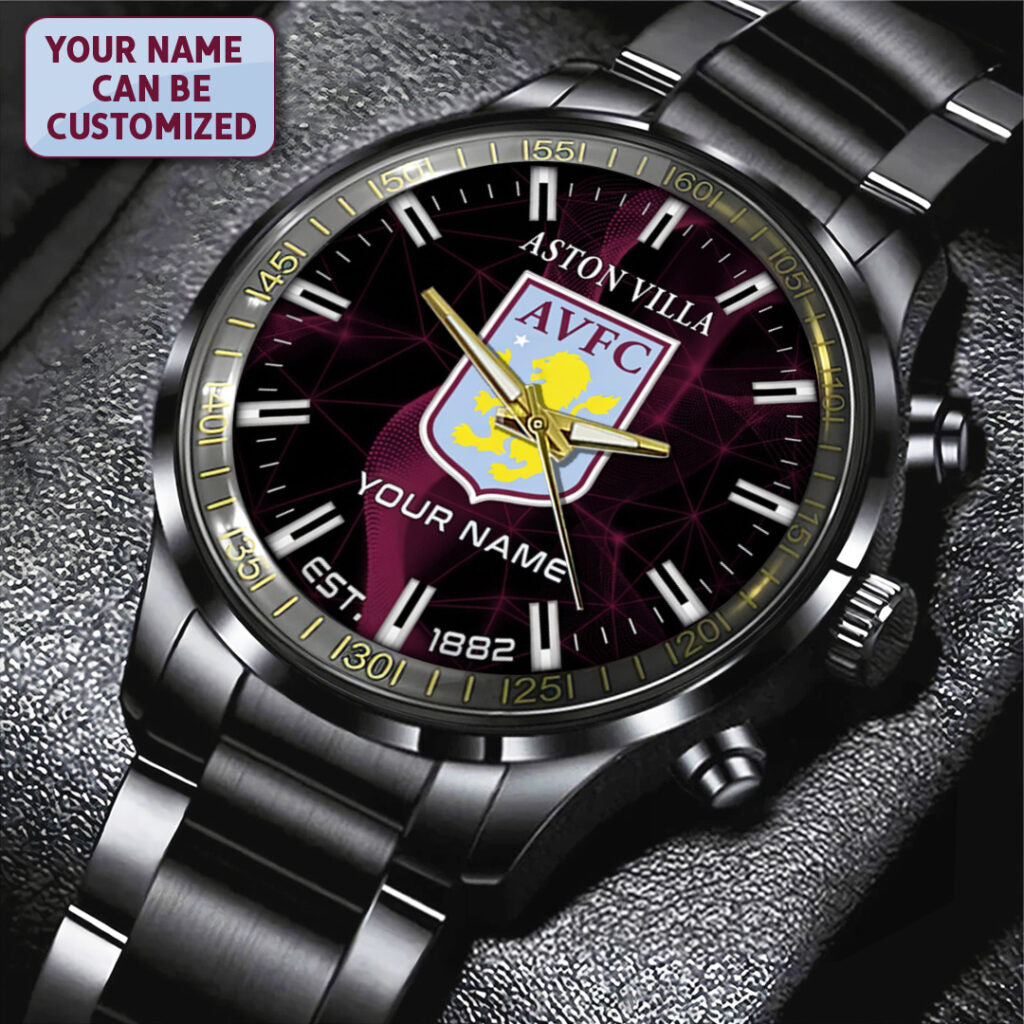 Personalized Aston Villa FC Black Stainless Steel Watch - TANTN23560
