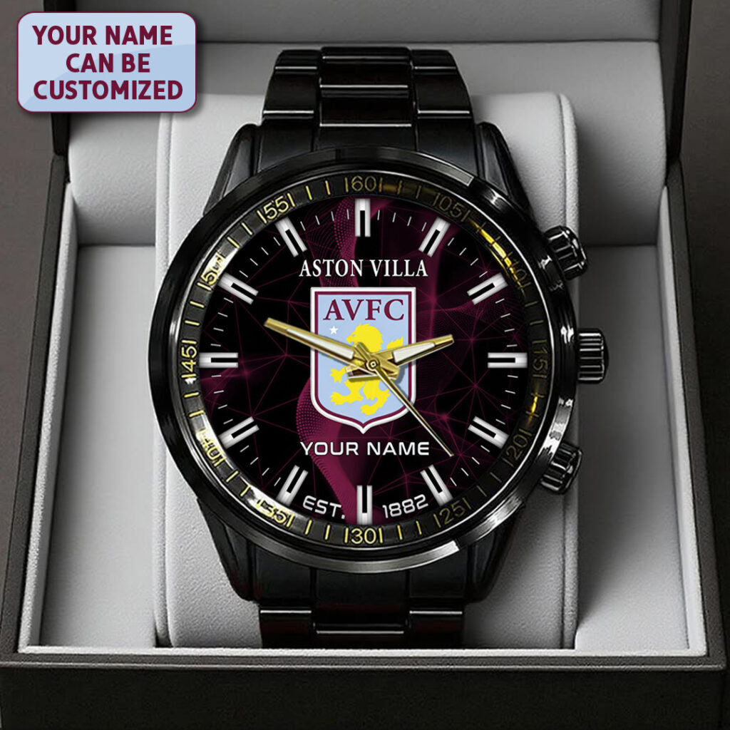 Personalized Aston Villa FC Black Stainless Steel Watch - TANTN23560