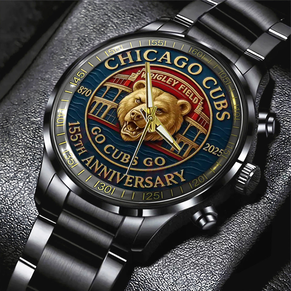 Chicago Cubs 155th Anniversary Black Stainless Steel Watch - TANTN17996