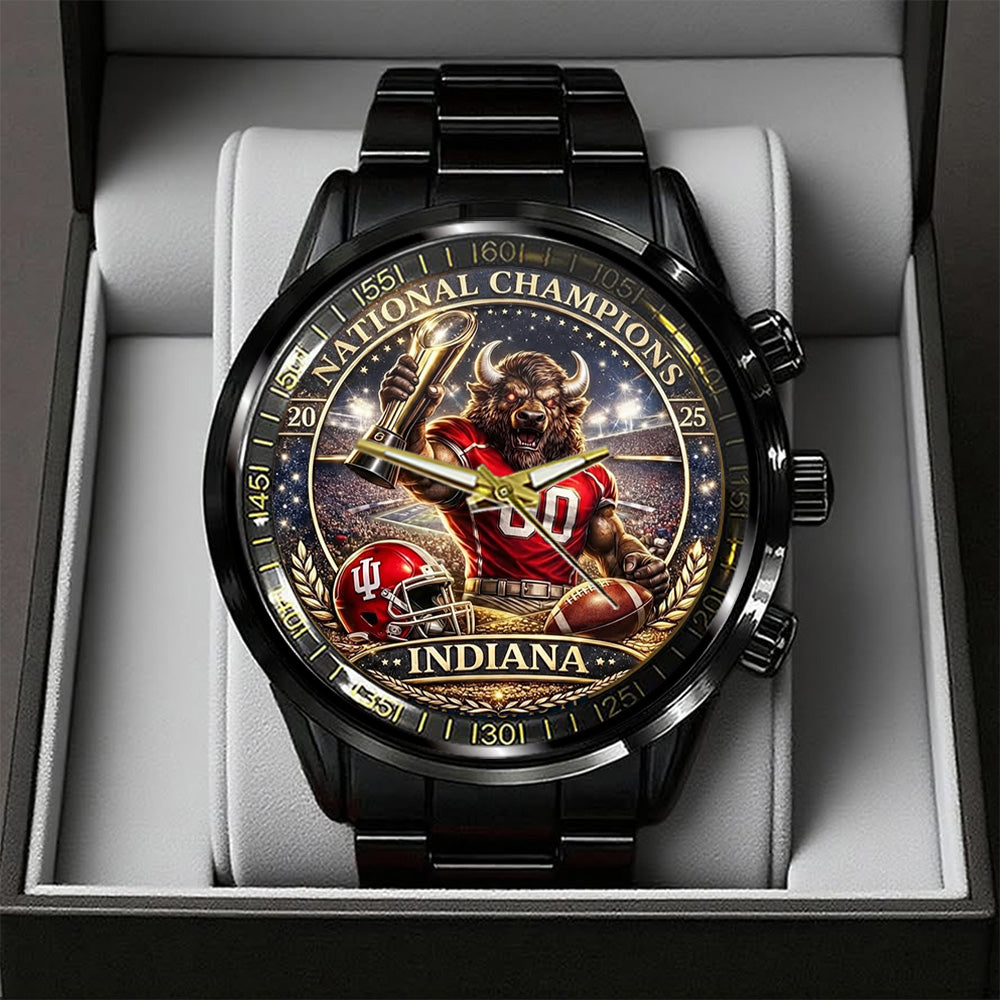Indiana Hoosiers Football 2025 National Champions Black Stainless Steel Watch - TANTN20496