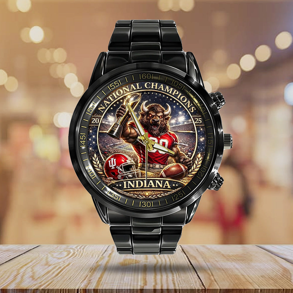 Indiana Hoosiers Football 2025 National Champions Black Stainless Steel Watch - TANTN20496