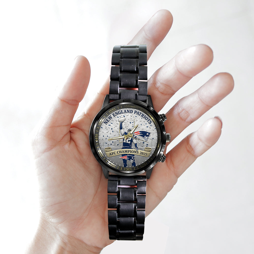 New England Patriots AFC Champions 2026 Black Stainless Steel Watch - NGHIAVT9627