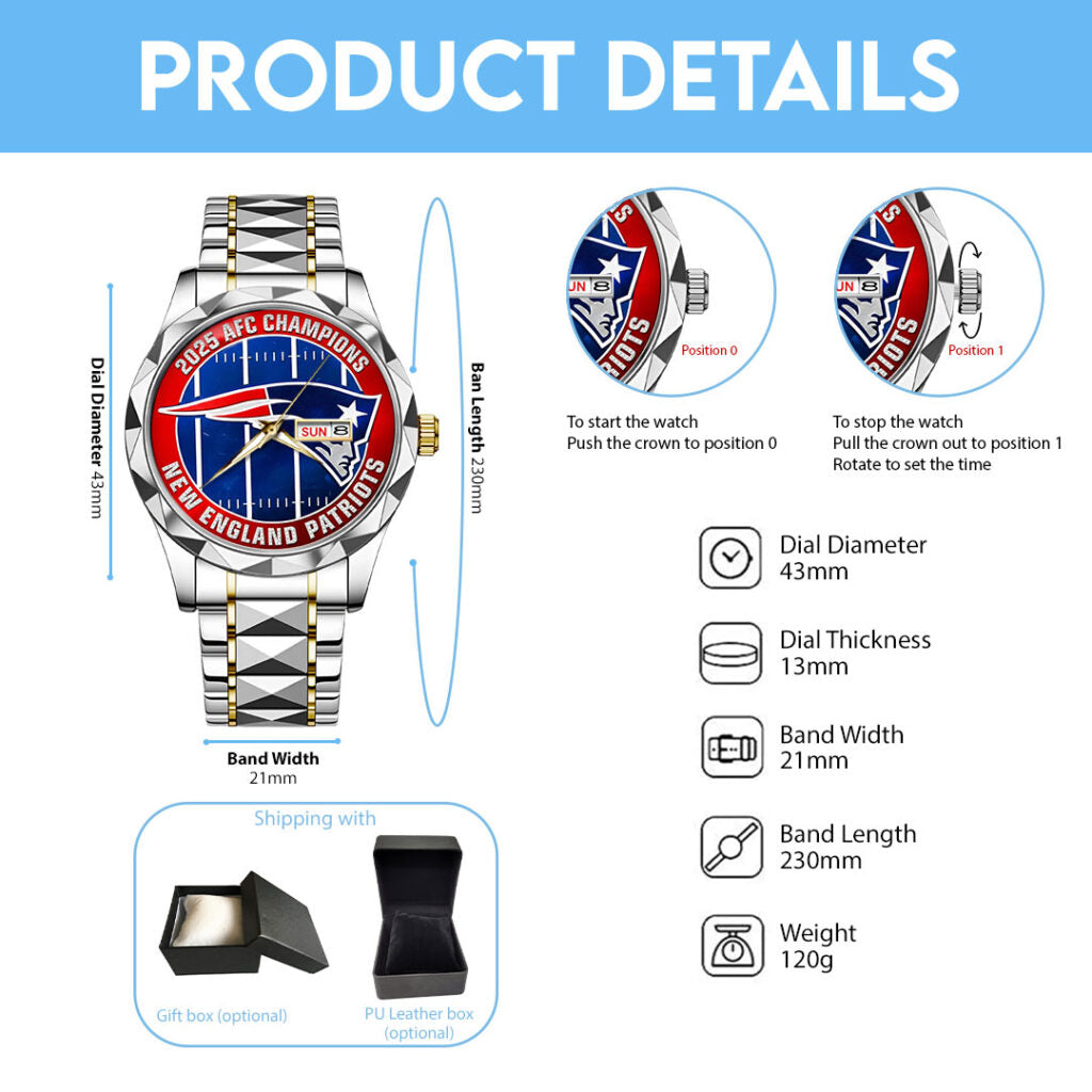 New England Patriots 2025 AFC Champions Alloy Luxury Quartz Watch - TMTHU3455