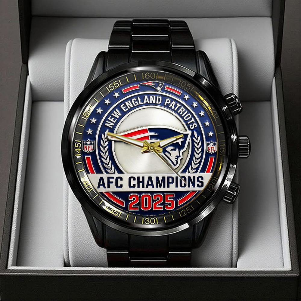 New England Patriots 2025 AFC Champions Black Stainless Steel Watch - TANTN20683