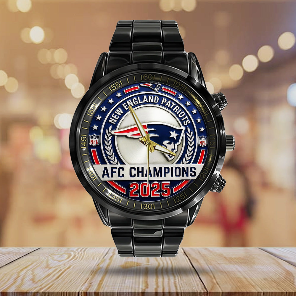 New England Patriots 2025 AFC Champions Black Stainless Steel Watch - TANTN20683