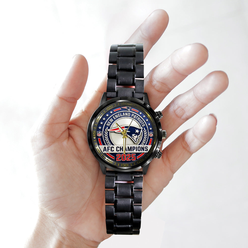 New England Patriots 2025 AFC Champions Black Stainless Steel Watch - TANTN20683