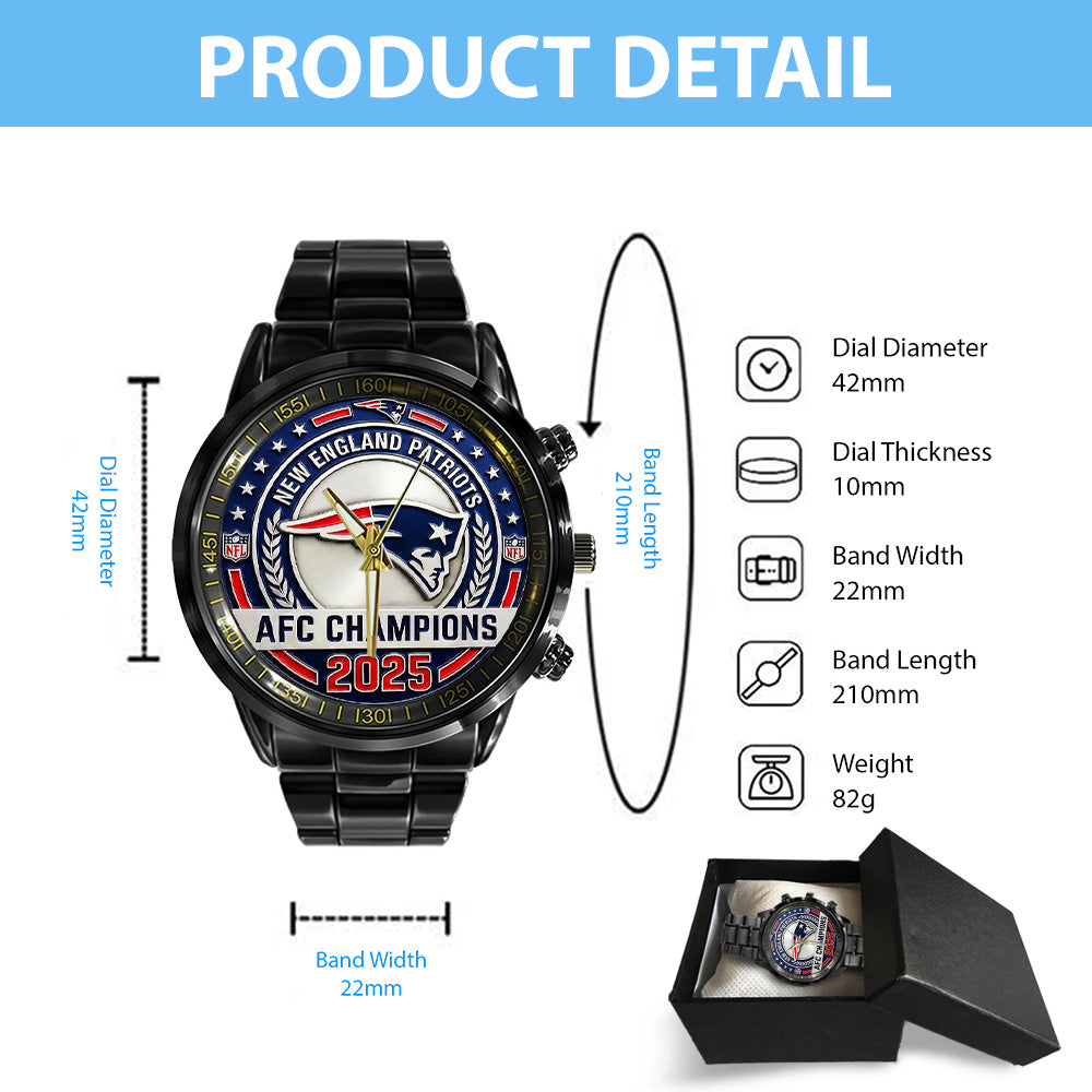 New England Patriots 2025 AFC Champions Black Stainless Steel Watch - TANTN20683