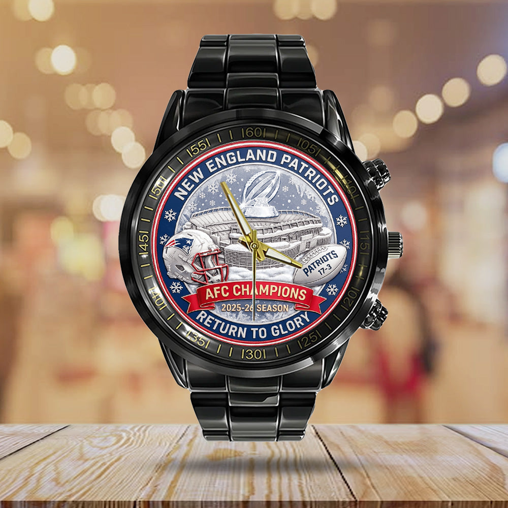 New England Patriots 2025 AFC Champions Black Stainless Steel Watch - TANTN20687