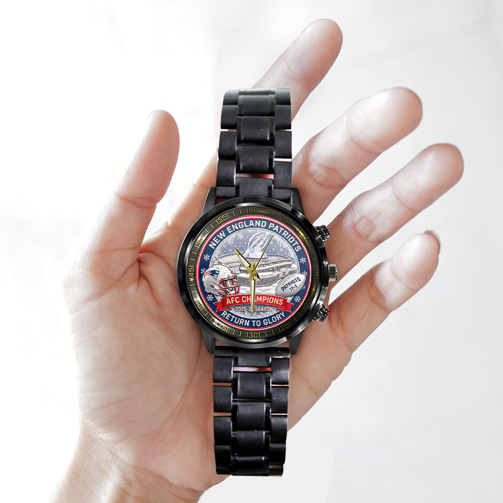 New England Patriots 2025 AFC Champions Black Stainless Steel Watch - TANTN20687