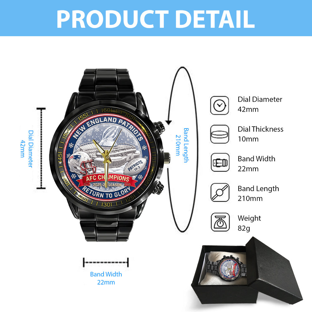 New England Patriots 2025 AFC Champions Black Stainless Steel Watch - TANTN20687