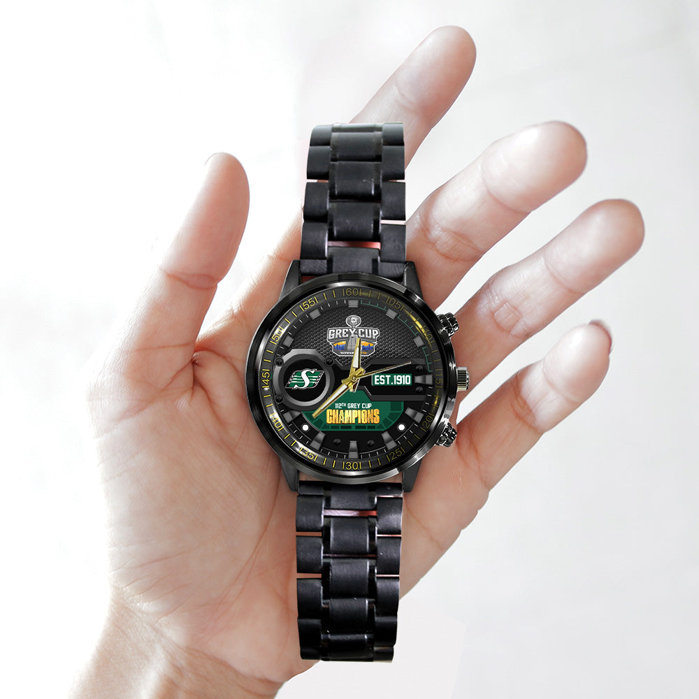 Saskatchewan Roughriders 2025 Grey Cup Champions Black Stainless Steel Watch - MAITM13913