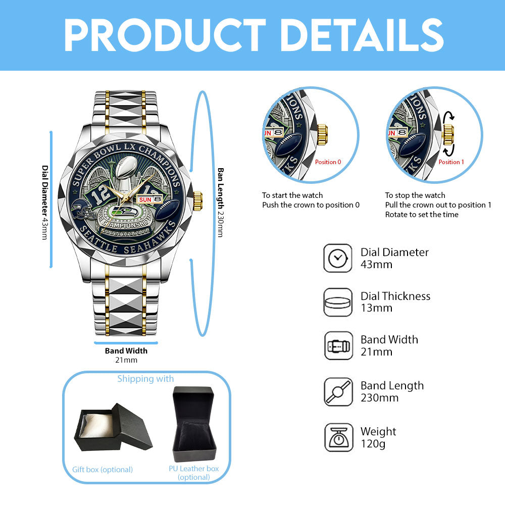 Seattle Seahawks 2025 Super Bowl LX Champions Alloy Luxury Quartz Watch - TANTN21043