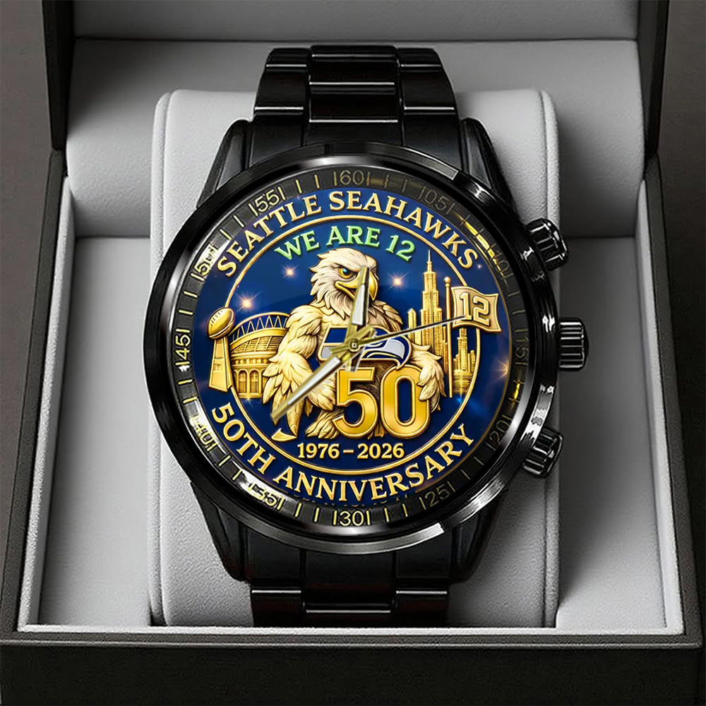 Seattle Seahawks 50th Anniversary Black Stainless Steel Watch - TANTN20190