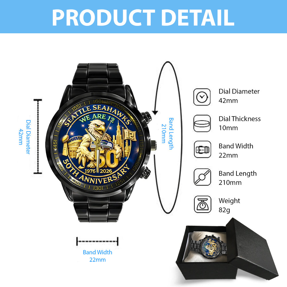 Seattle Seahawks 50th Anniversary Black Stainless Steel Watch - TANTN20190