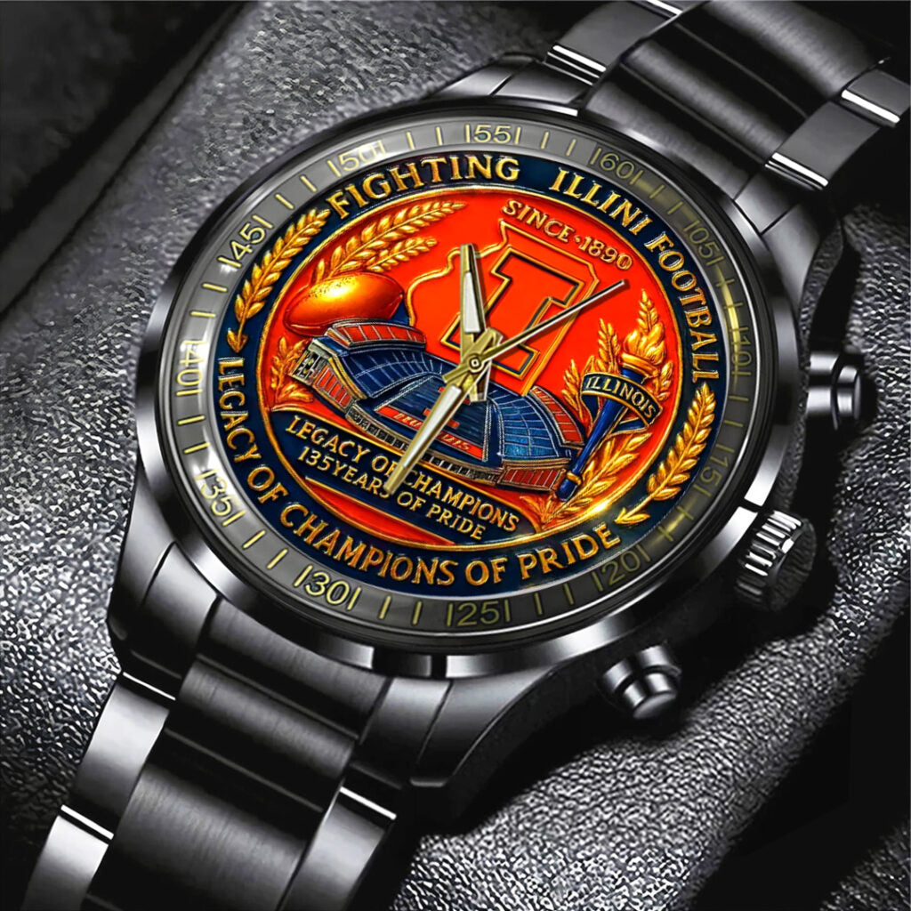 Illinois Fighting Illini Football Black Stainless Steel Watch - TANTN17998