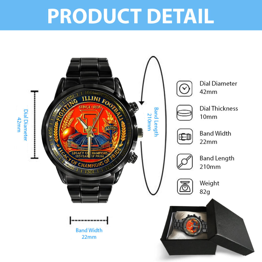 Illinois Fighting Illini Football Black Stainless Steel Watch - TANTN17998