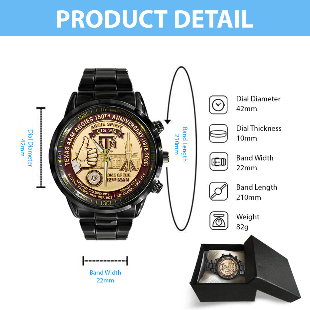 Texas A&M Aggies Football 150th Anniversary 2026 Black Stainless Steel Watch - TANTN21315